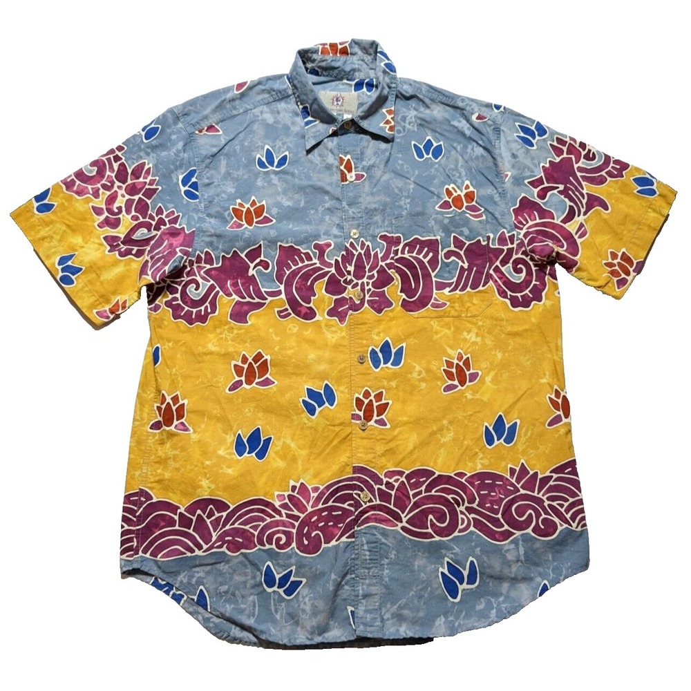 VTG THE TERRITORY AHEAD Men Large Cotton Blue Yellow Tie Dye Hawaiian Camp Shirt